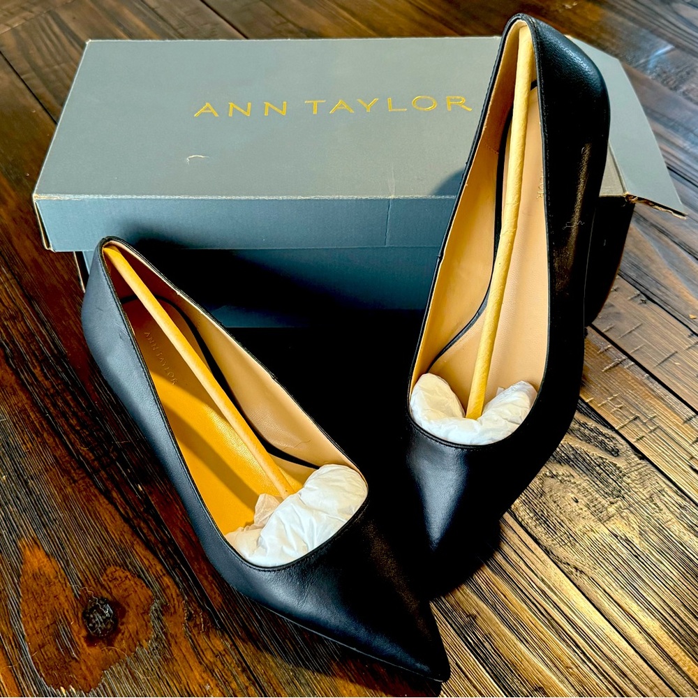 Ann Taylor Leather Pointy Toe Kitten Heel Pumps
